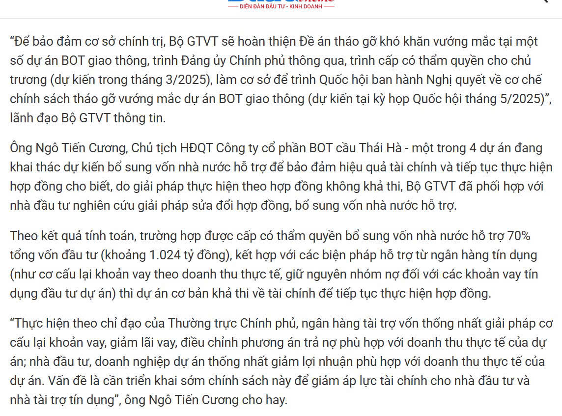  Thông tin tháo gỡ vướng mắc cho các dự án BOT trong kỳ họp tới